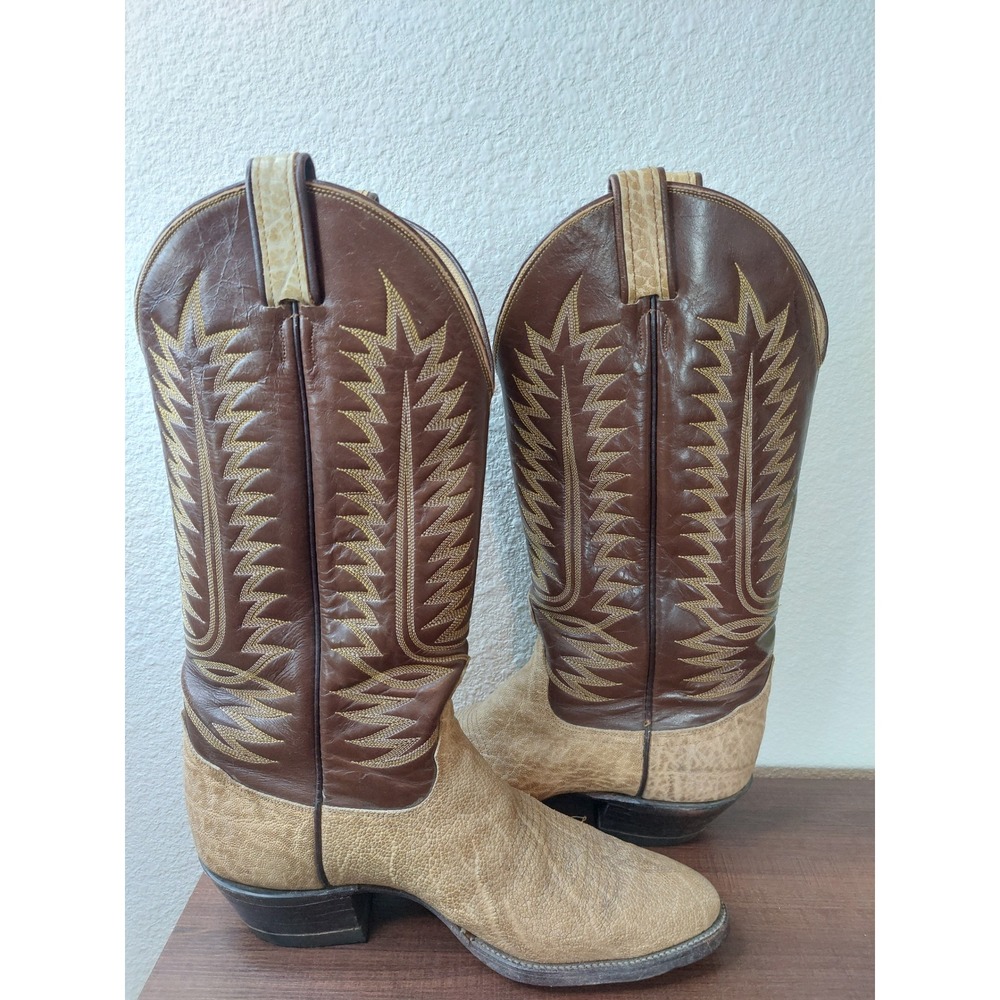 Tony Lama Mens Western Boots Tan Brown Leather Cowboy Stitch Size 7.5B - Picture 5 of 11
